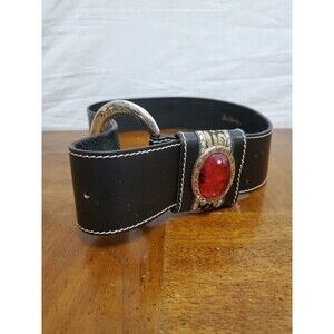 Doppia Vita Black Leather Exta Wide Western Belt Large Stone Buckle 37 Inches